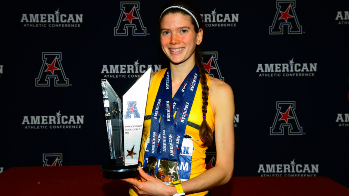 Wichita State junior Rebekah Topham was named the Women’s Most Valuable Performer at the American Athletic Conference Indoor Track and Field Championships on Saturday. Topham won a total of three gold medals at the meet.