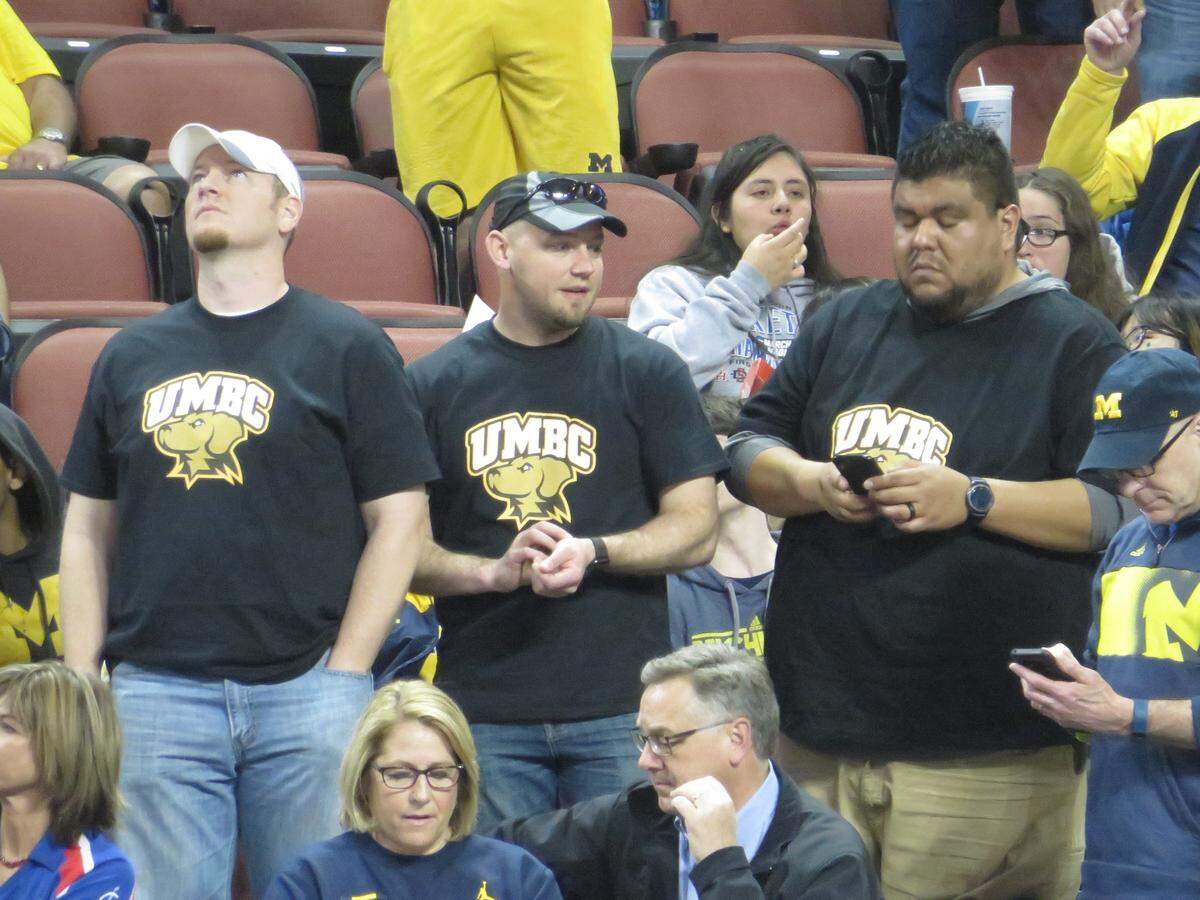 Tyler Sperry, David Hughes and Joel Ramos made up some UMBC shirts to wear Saturday to celebrate the small university's historic victory over No. 1 seed Virginia.