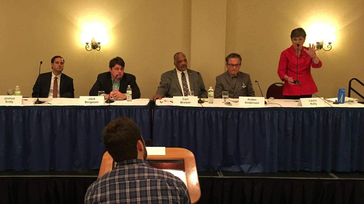 Sen. Laura Kelly gives her closing statement in a debate Thursday night between the Kansas Democrats running for governor.