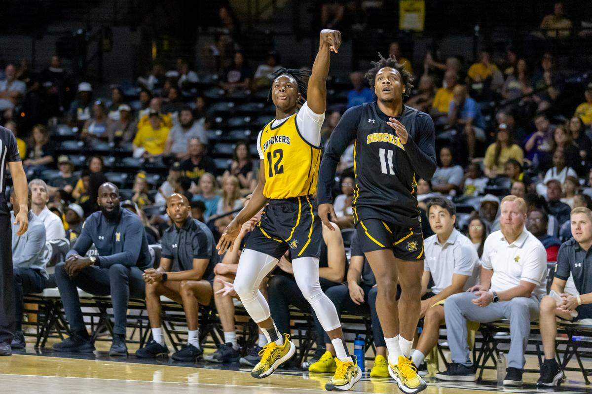 Wichita State’s Joy Ighovodja shoots a 3-pointer during a Shocker Madness scrimmage.