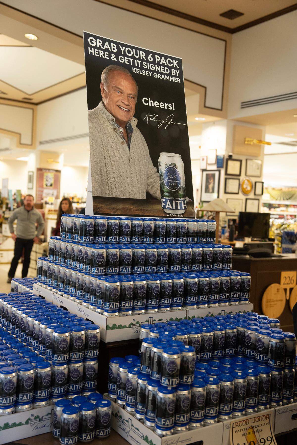 A display of Kelsey Grammer’s Faith American Beer, which is now being brewed and distributed in Wichita, greeted fans at a tasting and meet-and-greet event on Wednesday at Jacob Liquor Exchange on Rock Road.