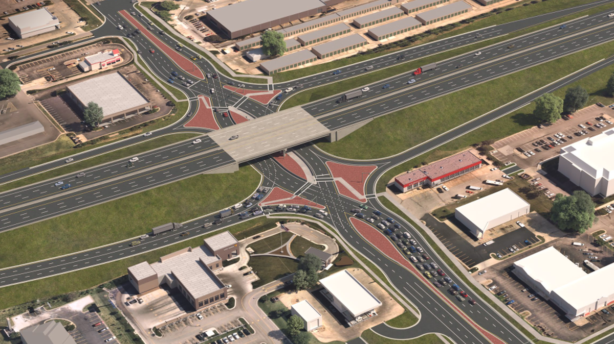 Proposed concept for a diverging diamond interchange at K-96 and Rock Road. In this style of interchange, signalized crossing lanes minimize conflict points by eliminating left turns against oncoming traffic.