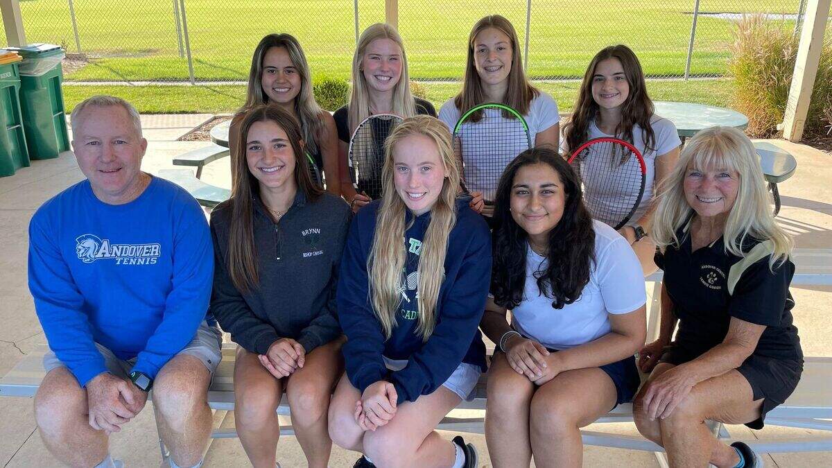 The 2022 Wichita Eagle All-Metro team for girls tennis. Back row (L to R): Andover Central’s Maya Chon, Andover Central’s Bryer Geoffroy, Collegiate’s Julia Herrman, Collegiate’s Laney Conrad. Front row (L to R): Andover coach Steve Alexander, Carroll’s Brynn Steven, Trinity’s Isabella Sebits, Collegiate’s Emma Mantovani, Andover Central coach Janet Glaser.