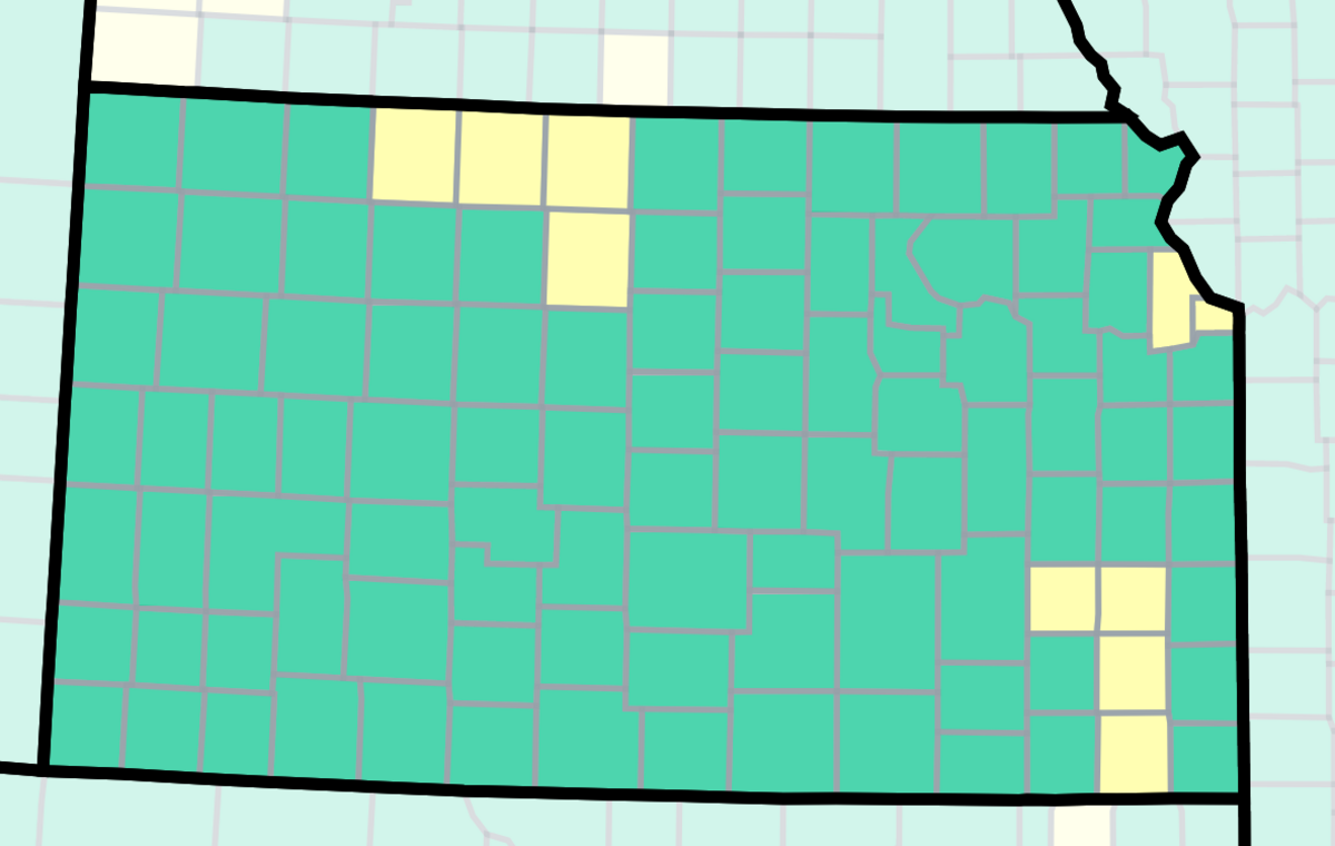 This map of Kansas from the U.S. Centers for Disease Control and Prevention shows COVID-19 community levels by county as of April 6, 2023. The yellow counties are at medium, while the green are at low. Zero Kansas counties are at high, orange.
