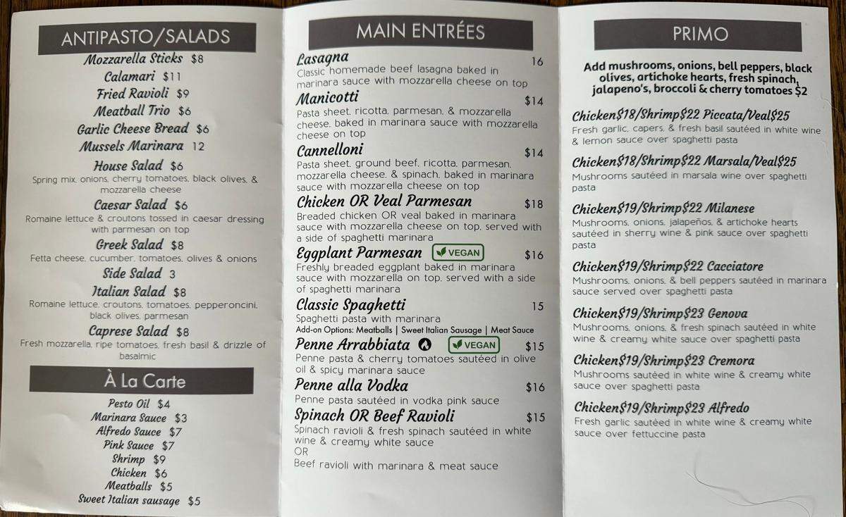 Amore Italian Restaurant menu, page 1