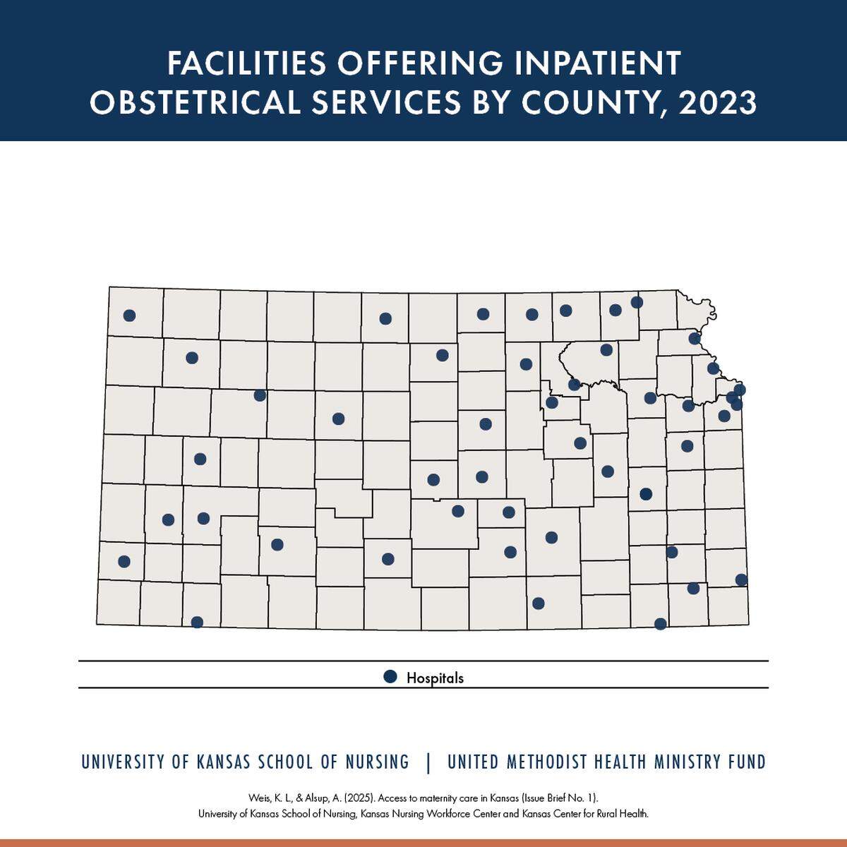 This map shows large spaces between facilities that offer obstetrical care in western Kansas.
