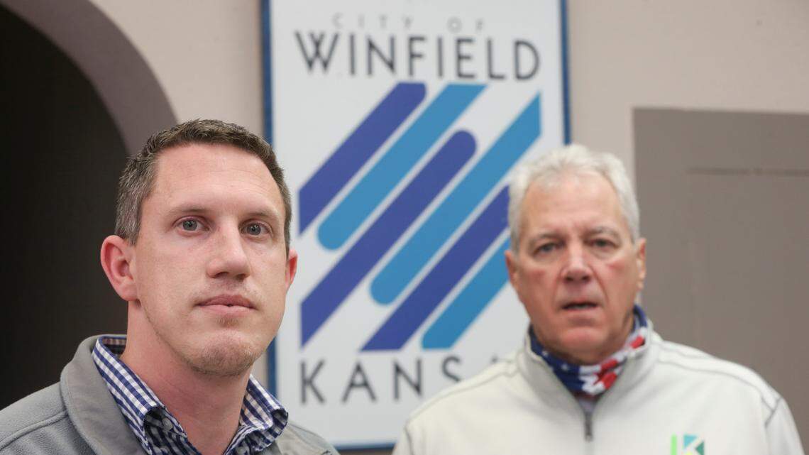 Winfield City Manager Taggart Wall, left, and Gus Collins, the director of the city’s utilities, are concerned about how recent spikes in gas prices are going to affect customers in Winfield and other cities that are a part of the Kansas Municipal Gas Association. Gas prices have increased 25 fold, meaning a person who normally spends $100 a month on gas to heat their home, could be looking at a $2,500 gas bill next month.