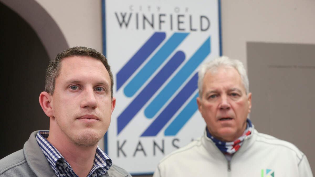 Winfield City Manager Taggart Wall, left, and Gus Collins, the director of the city’s utilities, are concerned about how recent spikes in gas prices are going to affect customers in Winfield and other cities that are a part of the Kansas Municipal Gas Association. Gas prices have increased 25 fold, meaning a person who normally spends $100 a month on gas to heat their home, could be looking at a $2,500 gas bill next month.