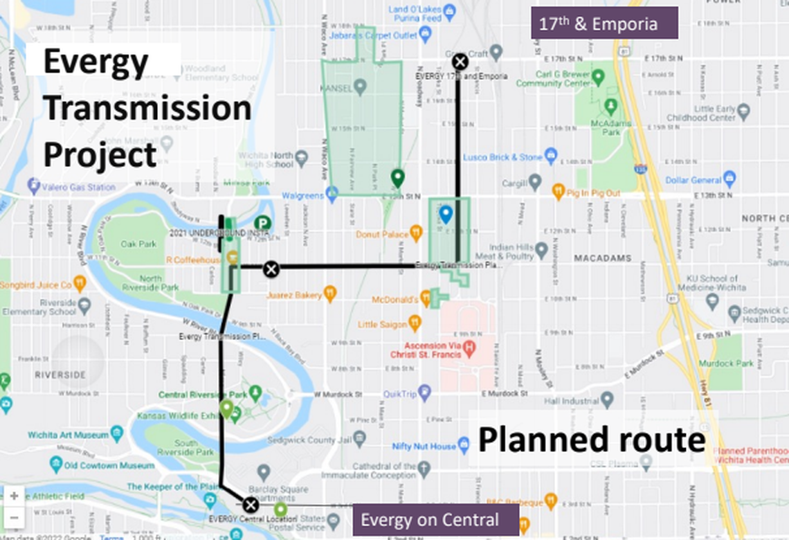 This was the planned route for Evergy’s transmission line rebuild in Wichita’s Riverside and Midland neighborhoods. The company now says it plans to “evaluate some other options” before moving forward.