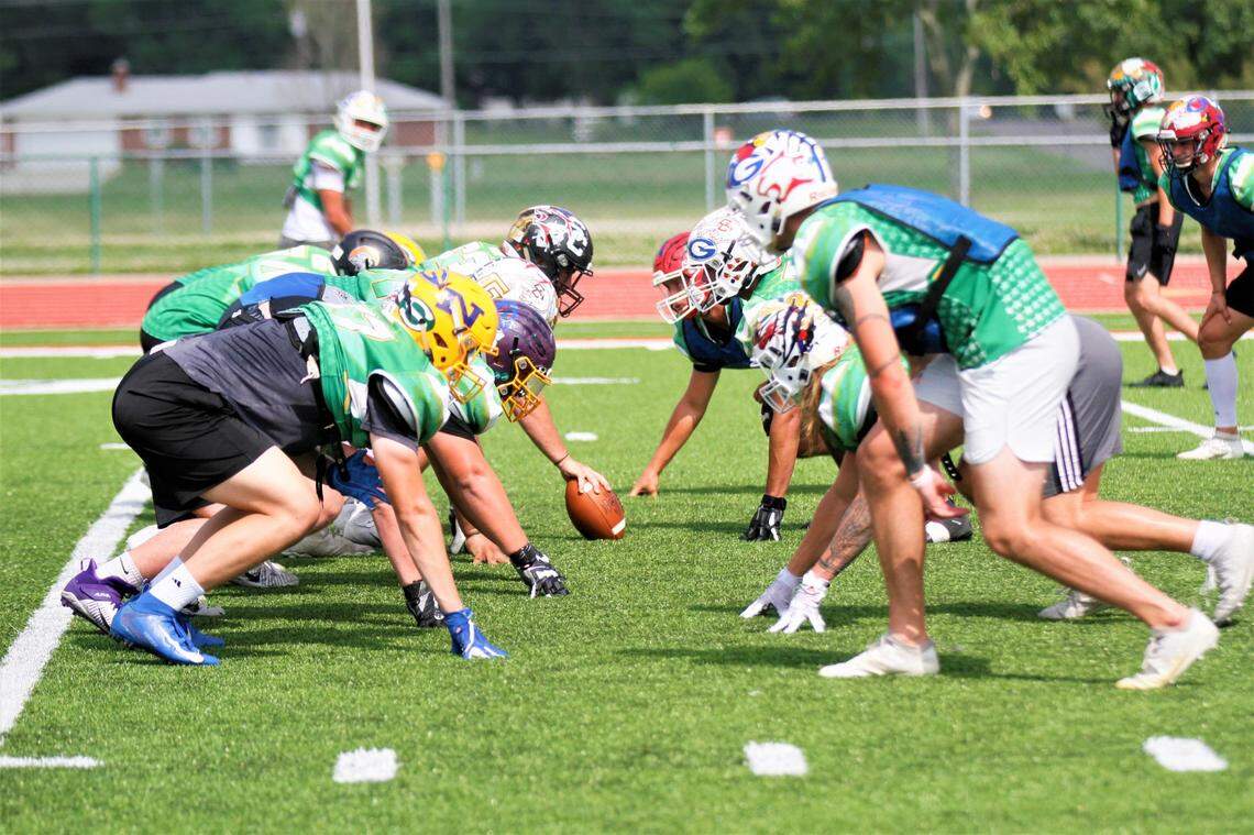 2020 Shrine Bowl West Team members line up before the snap during one of the first practices in Topeka.