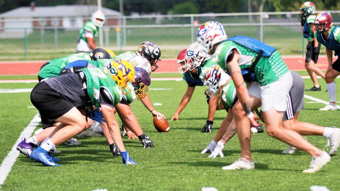 2020 Shrine Bowl West Team members line up before the snap during one of the first practices in Topeka.