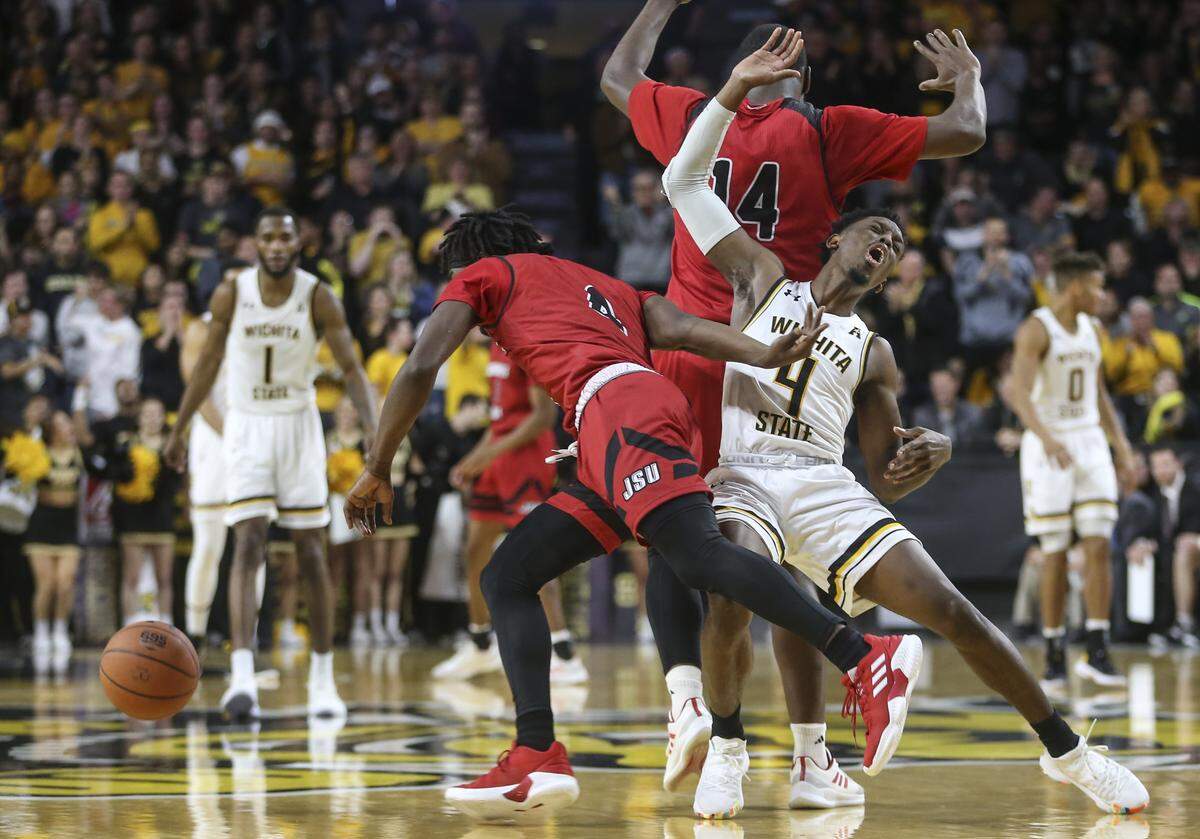 Wichita State guard Samajae Haynes-Jones runs into a scree set by Wichita State guard Samajae Haynes-Jones during the second half of their game at Koch Arena on Wednesday.