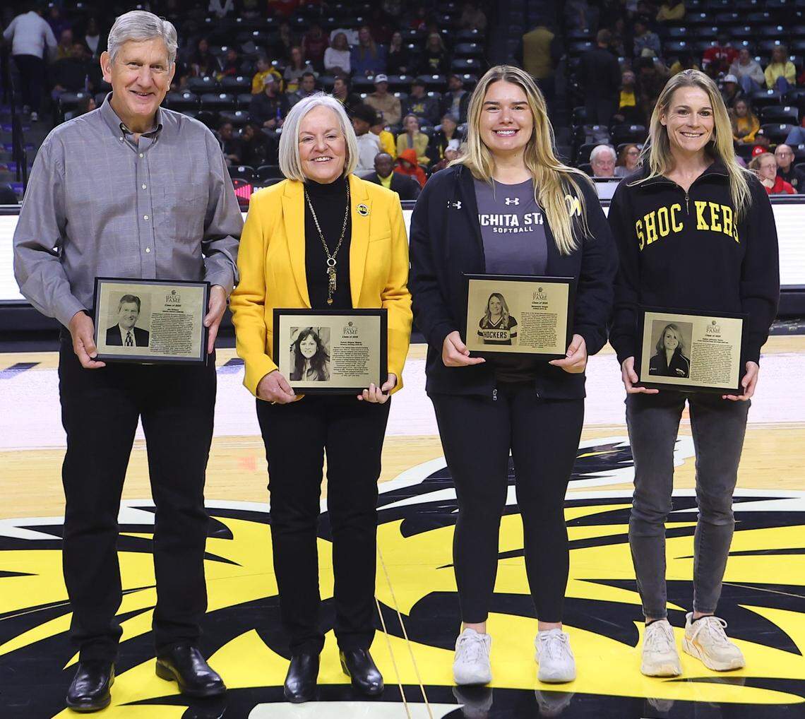 The 2025 inductees into the Shocker Sports Hall of Fame were, from left to right, athletic director Jim Schaus, women’s bowler Karma Wagner Mason, softball player Mackenzie Wright and distance runner Kellyn Johnson Taylor.
