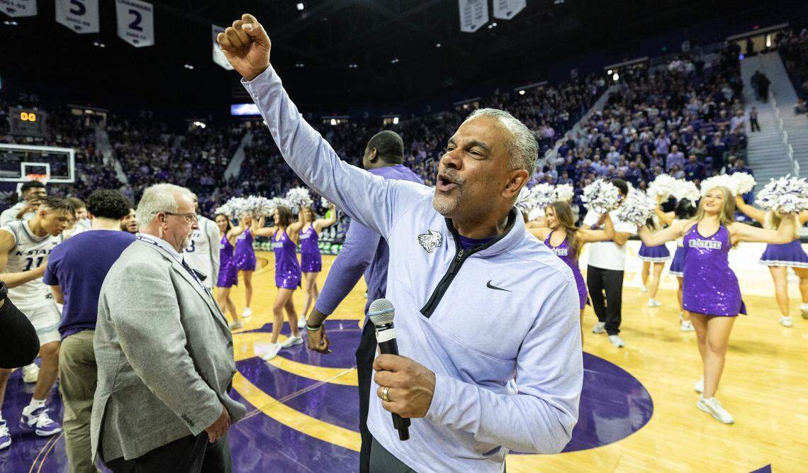 K-State coach Jerome Tang celebrates with fans after the Wildcats beat Oklahoma 85-69 in Manhattan.
