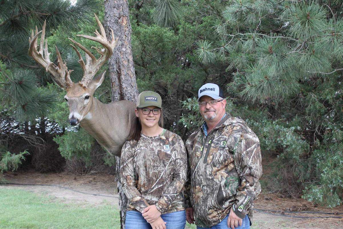 Paslie Werth and her father, Kurt Werth, of Cimarron pose next to her 2020 Kiowa County deer. It’s the largest buck killed and found in the U.S. by a female.