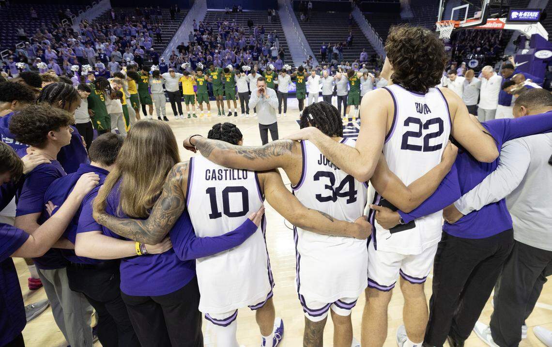 Kansas State and Baylor players gather in prayer on the court after the Wildcats defeated Baylor on Tuesday, Feb. 17, 2026, at Bramlage Coliseum.