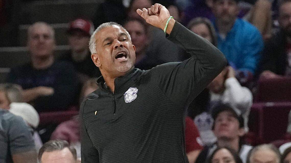 Kansas State head coach Jerome Tang shouts in the second half of an NCAA college basketball game against Oklahoma, Tuesday, Feb. 14, 2023, in Norman, Okla.