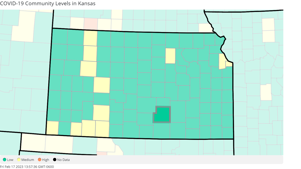 The Kansas county COVID community level map, courtesy of the Centers for Disease Control and Prevention.