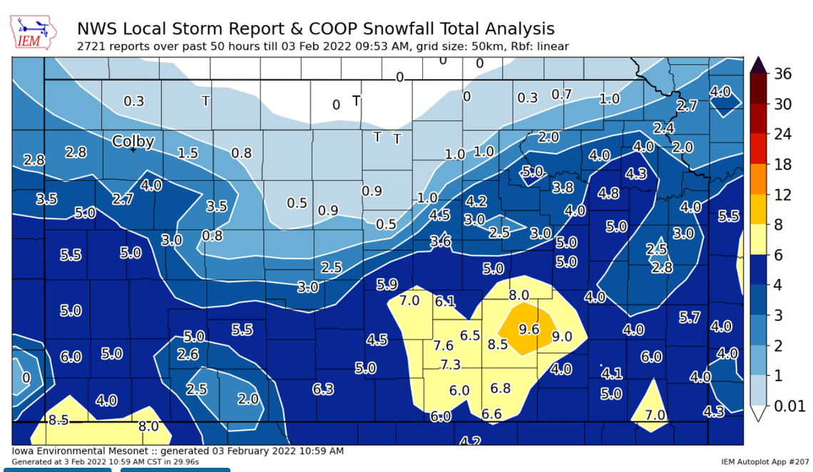 The Iowa Environmental Mesonet, using National Weather Service and Co-op data, shows the highest amount of snowfall across the state happened in Butler County.