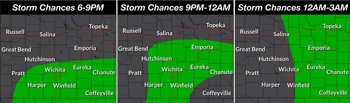 The National Weather Service provided this graphic to show how storms will develop overnight April 1 into the morning of April 2. The green indicates the predicated path of showers and thunderstorms.
