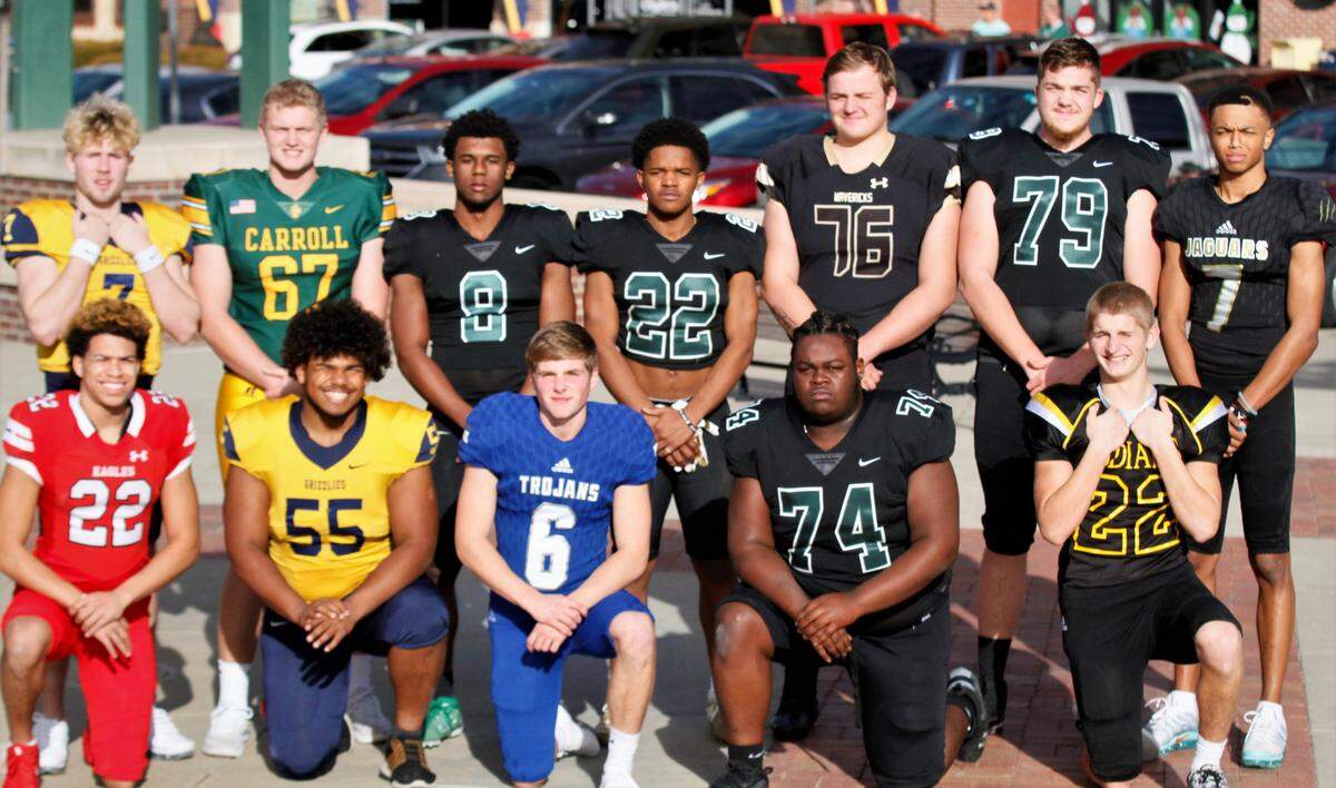 2019 All-Metro football offense: Back row (left to right) - Wichita Northwest’s Reagan Jones, Bishop Carroll’s Ethan McMillan, Derby’s Lem Wash, Derby’s Tre Washington, Maize South’s Cody Fayette, Derby’s Alex Conn, Andover Central’s Xavier Bell. Front row - Maize’s Preven Christon, Wichita Northwest’s Javon Wheeler, Andover’s David Kemp, Derby’s Kevin Washington, Andale’s Eli Rowland