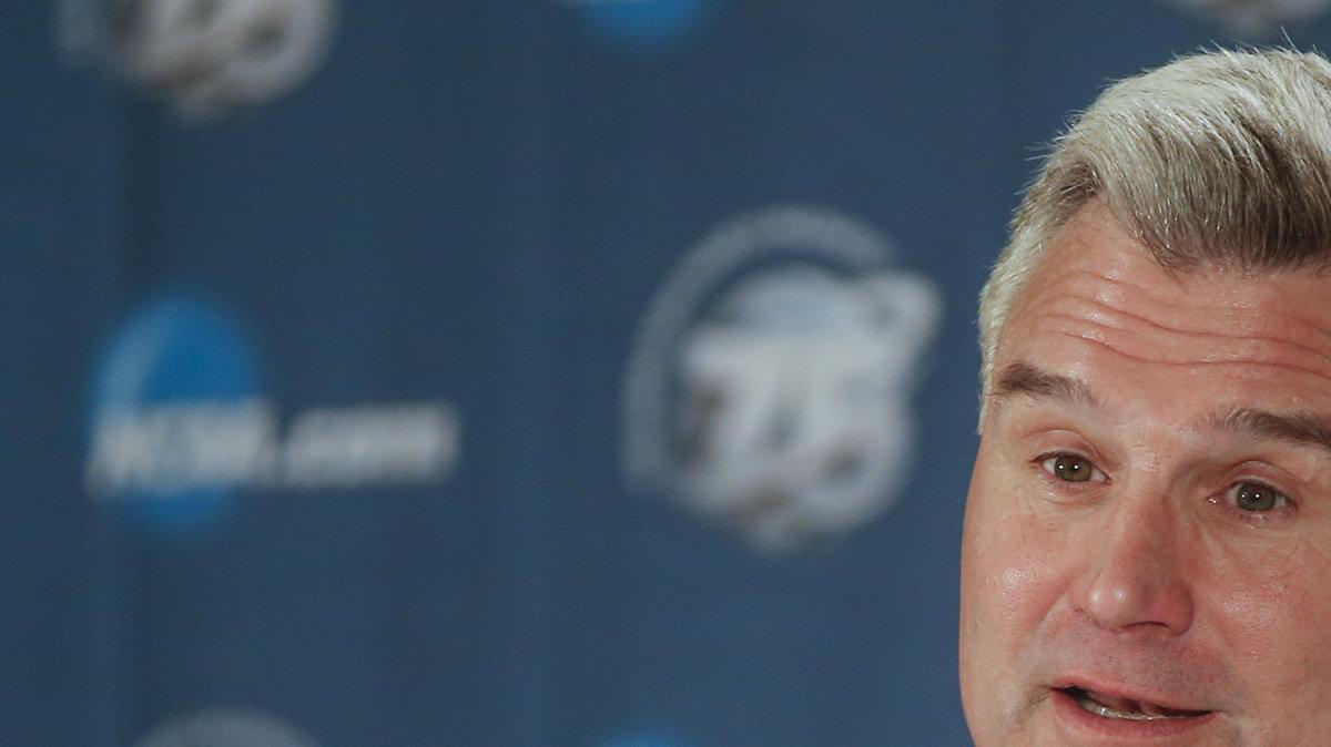 Kansas State coach Bruce Weber speaks to the media before practice at the Sprint Center in Kansas City on Thursday. The Wildcats will face LaSalle in the second round of the NCAA Tournament on Friday. (March 21, 2013)
