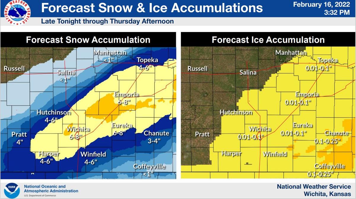 The National Weather Service forecasts as much as 8 inches of snow Thursday in the Wichita area.