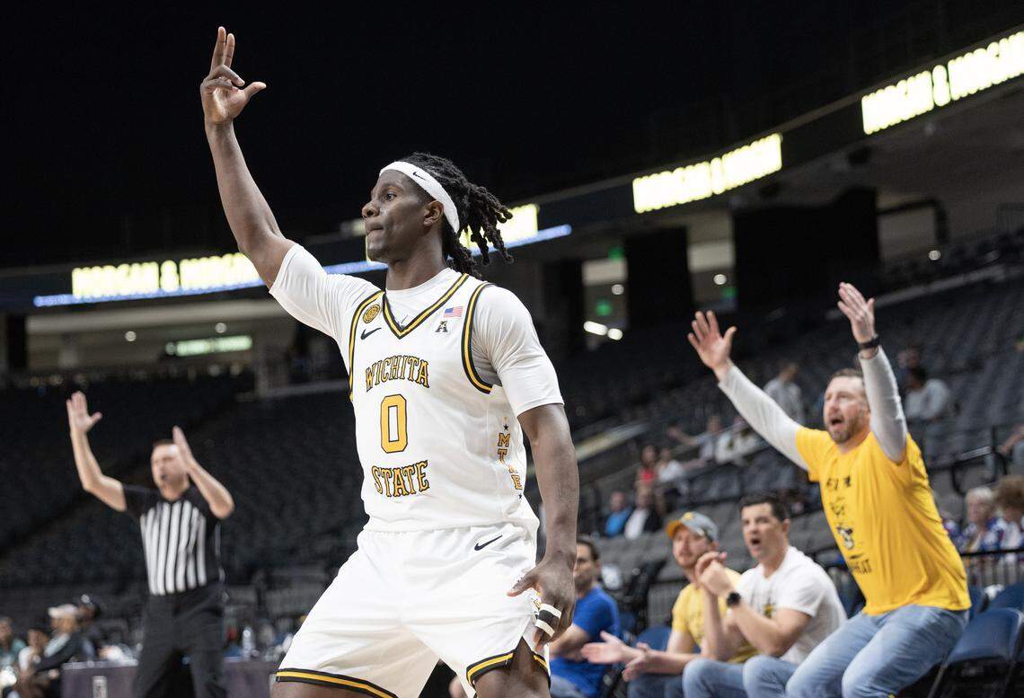 Wichita State Karon Boyd celebrates a three-pointer during the second half of their AAC tournament semifinal game against Tulsa on Saturday in Birmingham.