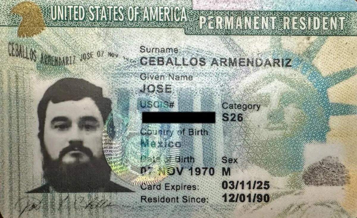 The all capital letters shown on the federally issued green card for Joe Ceballos.