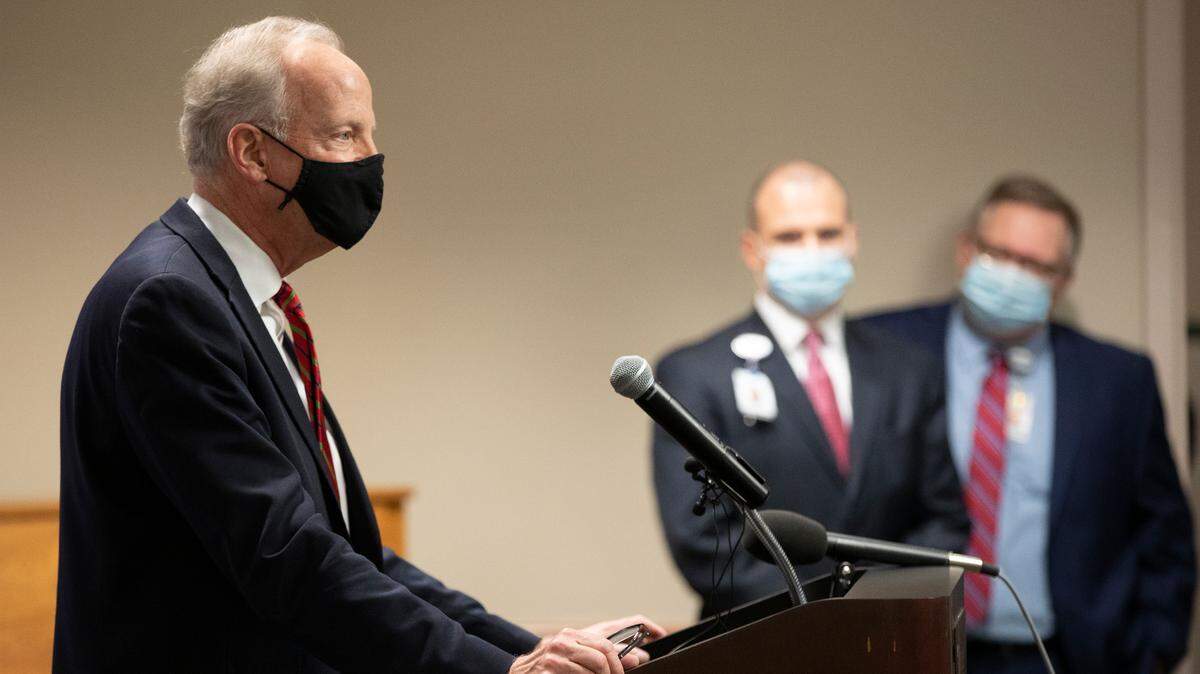 Sen. Jerry Moran talks with reporters after touring Wesley Medical Center’s coronavirus vaccination clinic on Wednesday. Earlier in the day, Moran stopped at the Robert J. Dole VA Medical Center to watch as coronavirus vaccines arrived. The VA received 1,000 doses of the Moderna COVID-19 vaccine. Among the first to be vaccinated was Bruce Watson, a 96-year-old Veteran of World War II and the last World War II veteran in the VA’s community living center.