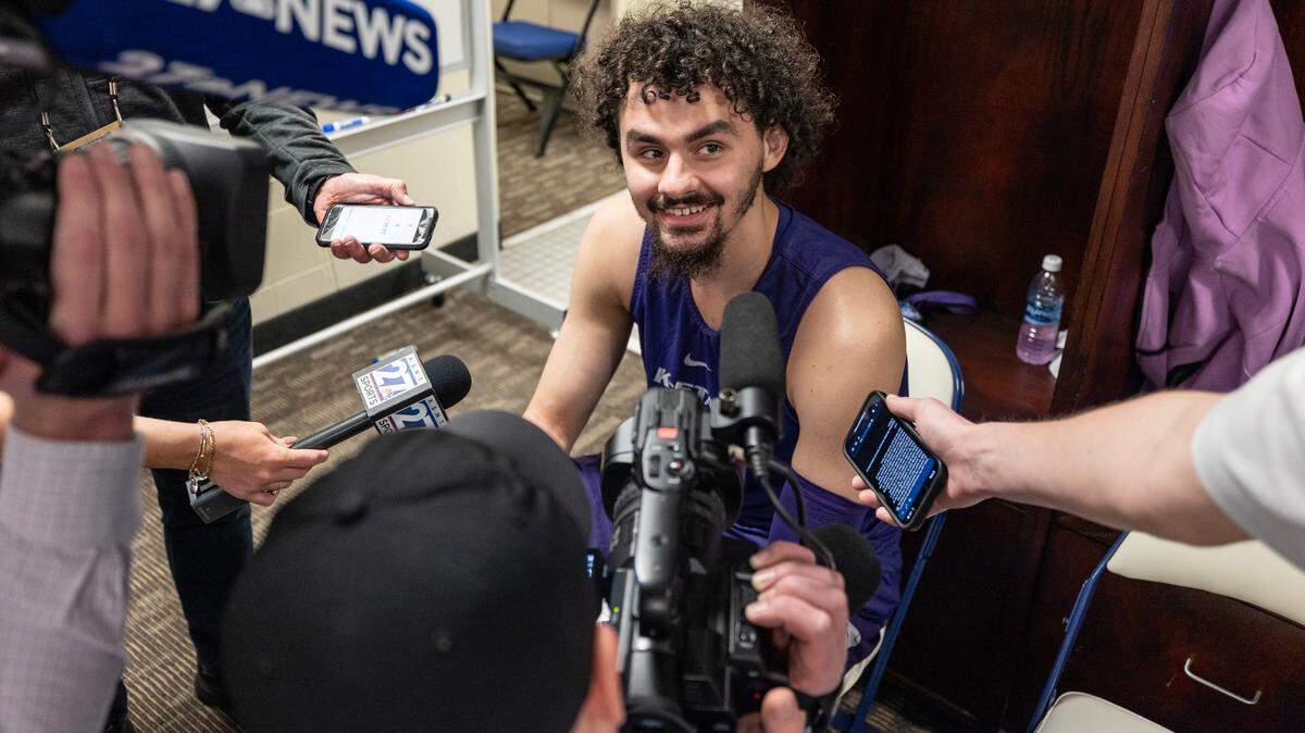 Kansas State’s Ismael Massoud talks with reporters in the team’s locker room at the Greensboro Coliseum on Thursday. Kansas State will take on Montana State in first round of the NCAA Tournament on Friday.