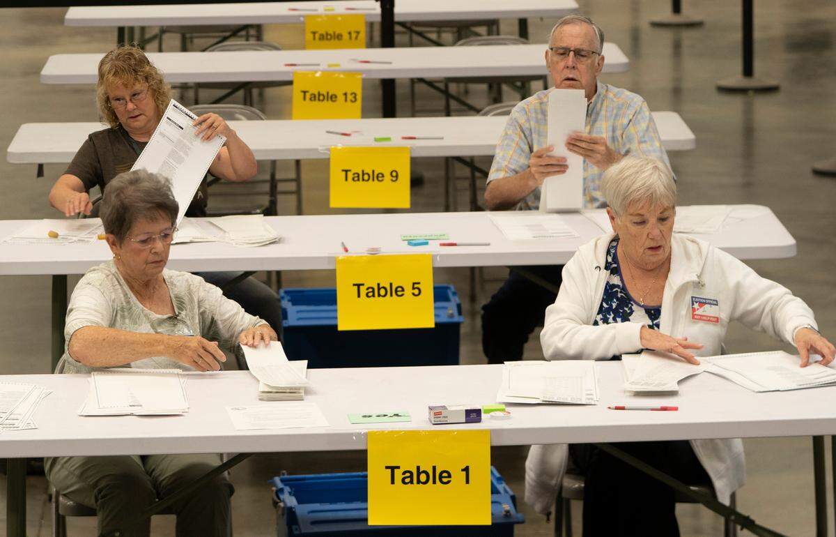 Bipartisan counting teams prepare to recount nearly 150,000 ballots at the Sedgwick County Extension Center on a constitutional amendment that would’ve removed abortion rights from the Kansas Constitution.
