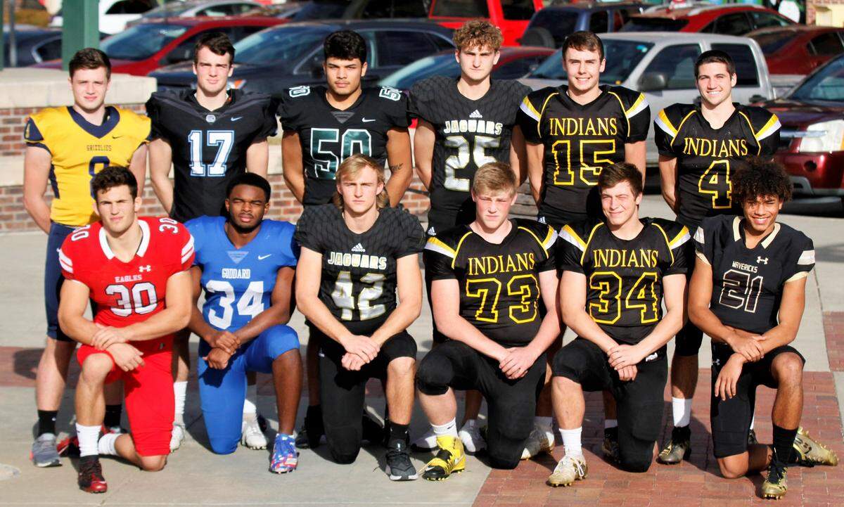2019 All-Metro football defense: Back row (left to right) - Wichita Northwest’s Jack Wiens, Eisenhower’s Chance Omli, Derby’s Tyler Dorsey, Andover Central’s Blake Robison, Andale’s Easton Hunter, Andale’s Scotti Easter. Front row - Maize’s Kyle Haas, Goddard’s Dhimani Butler, Andover Central’s Trey Degarmo, Andale’s Carson Fair, Andale’s Mac Brand, Maize South’s Trevion Mitchell