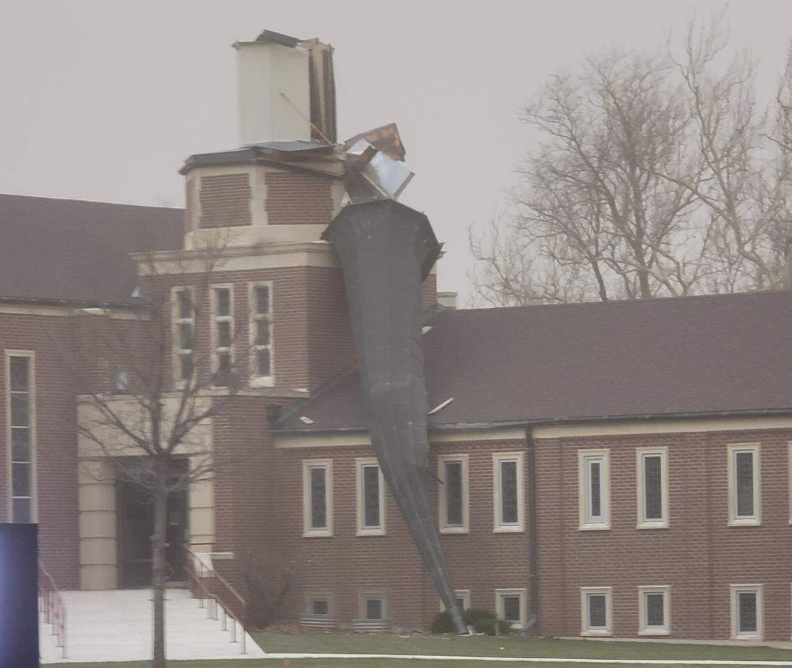 The steeple at Trinity Lutheran Church in Great Bend was blown over during Wednesday’s storm that caused damage throughout the state.