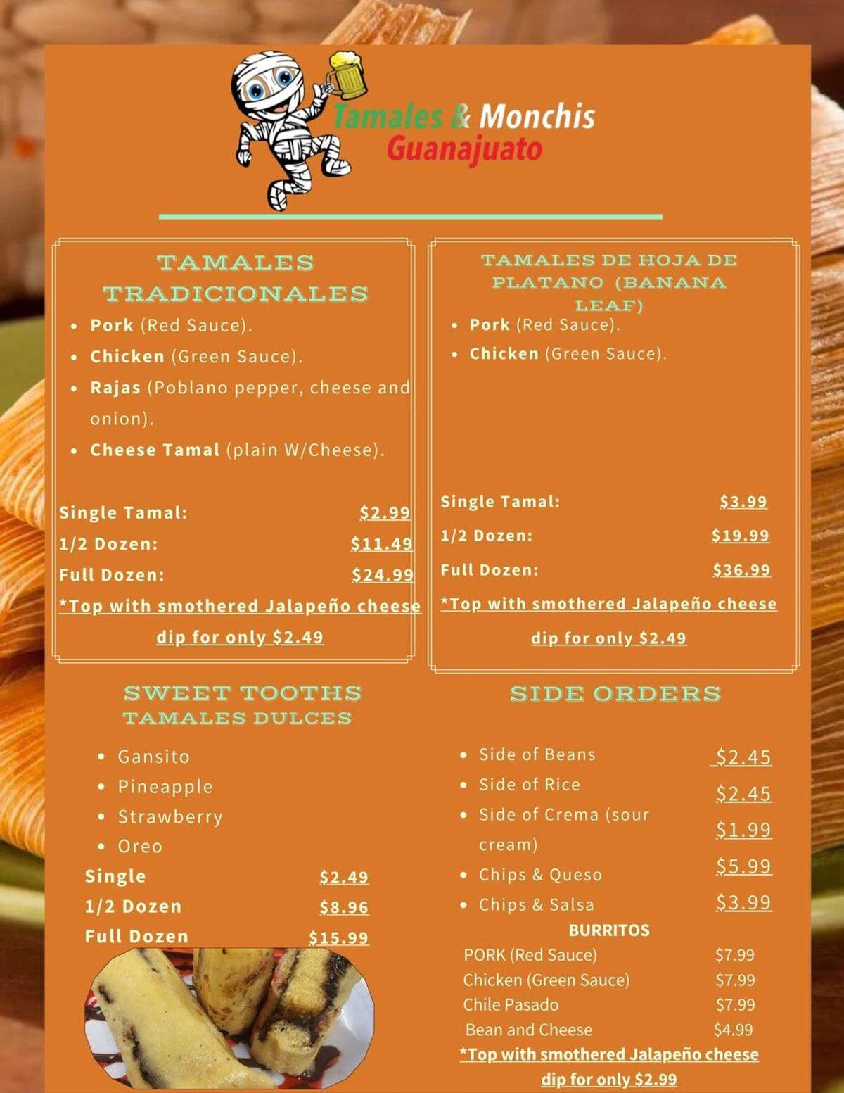 The menu for Tamales & Monchis Guanajuato