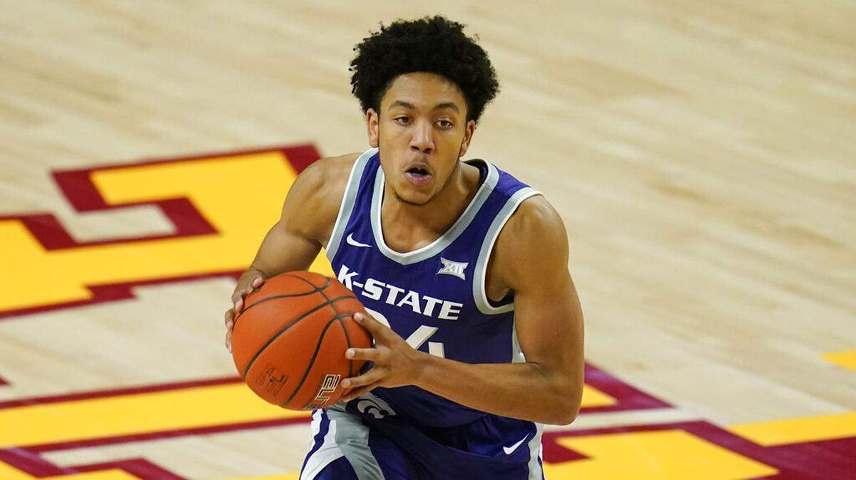 Kansas State guard Nijel Pack looks to pass during an NCAA college basketball game against Iowa State, Tuesday, Dec. 15, 2020, in Ames, Iowa. (AP Photo/Charlie Neibergall)