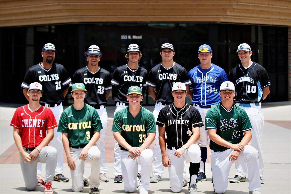 The Wichita Eagle’s 2019 All-Metro Baseball Team: (Back row) Campus coach Bryan Clasen, Campus’ Jackson Hartley, Campus’ Tanner Leslie, Campus’ Tyler Kahmann, Goddard’s Koby Burdett, Eisenhower’s Wade Reynolds, (Front row) Cheney’s Dawson Winter, Bishop Carroll’s Jack Ebright, Bishop Carroll’s Reece Flax, Maize South’s Alex Epp, Trinity Academy’s Nate Adler (Not pictured: Derby’s Grant Adler, Wichita Heights’ Jordan Ellison, Wichita West’s Andres Perez-Martinez)