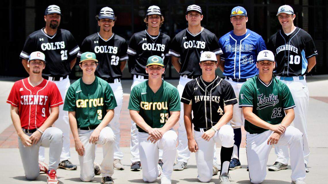 The Wichita Eagle’s 2019 All-Metro Baseball Team: (Back row) Campus coach Bryan Clasen, Campus’ Jackson Hartley, Campus’ Tanner Leslie, Campus’ Tyler Kahmann, Goddard’s Koby Burdett, Eisenhower’s Wade Reynolds, (Front row) Cheney’s Dawson Winter, Bishop Carroll’s Jack Ebright, Bishop Carroll’s Reece Flax, Maize South’s Alex Epp, Trinity Academy’s Nate Adler (Not pictured: Derby’s Grant Adler, Wichita Heights’ Jordan Ellison, Wichita West’s Andres Perez-Martinez)