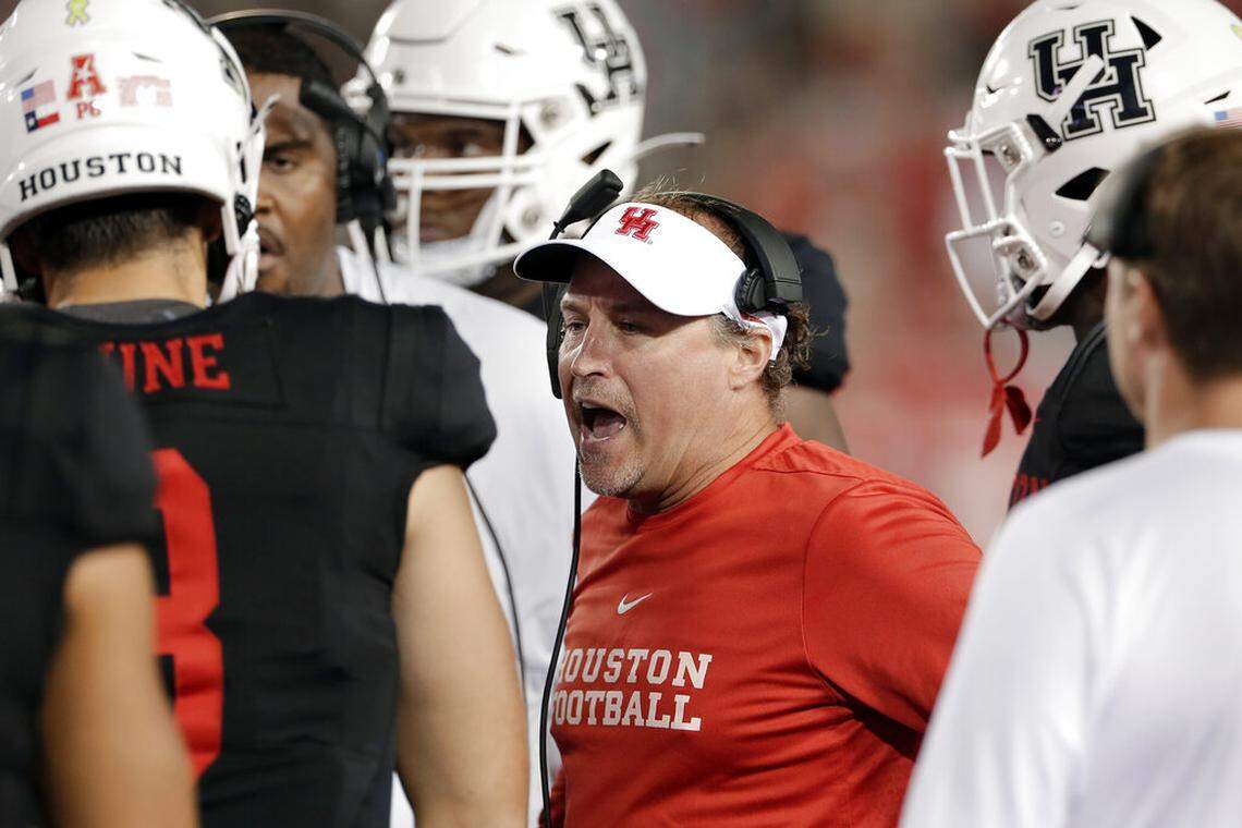 Houston head coach Dana Holgorsen during the second half of an NCAA college football game against SMU Thursday, Oct. 24, 2019, in Houston. (AP Photo/Michael Wyke)