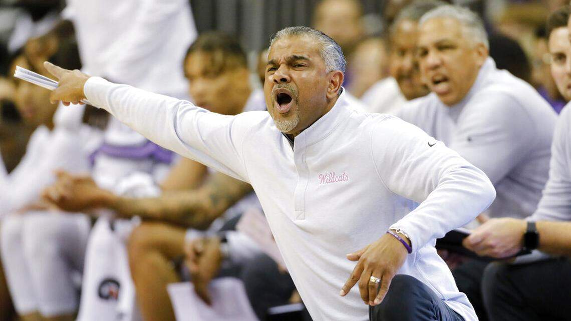 Kansas State head coach Jerome Tang communicates with his team during the second half of an NCAA college basketball game against Nebraska in Kansas City, Mo., Saturday, Dec. 17, 2022. (AP Photo/Colin E. Braley)