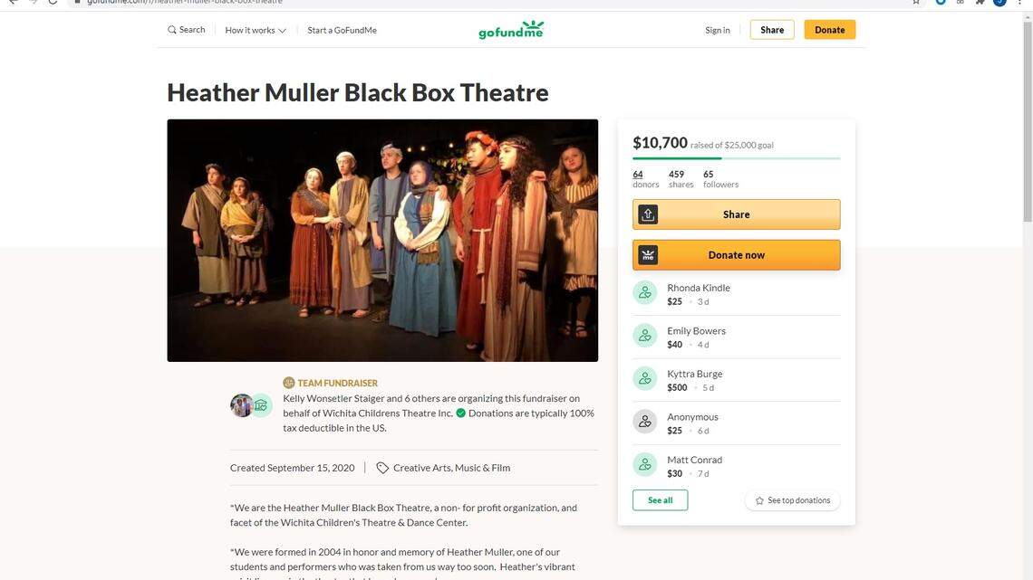 With its two biggest fundraisers of the year canceled due to COVID, the Heather Muller Black Box Theatre is hoping a GoFundMe push can raise money to keep operating.