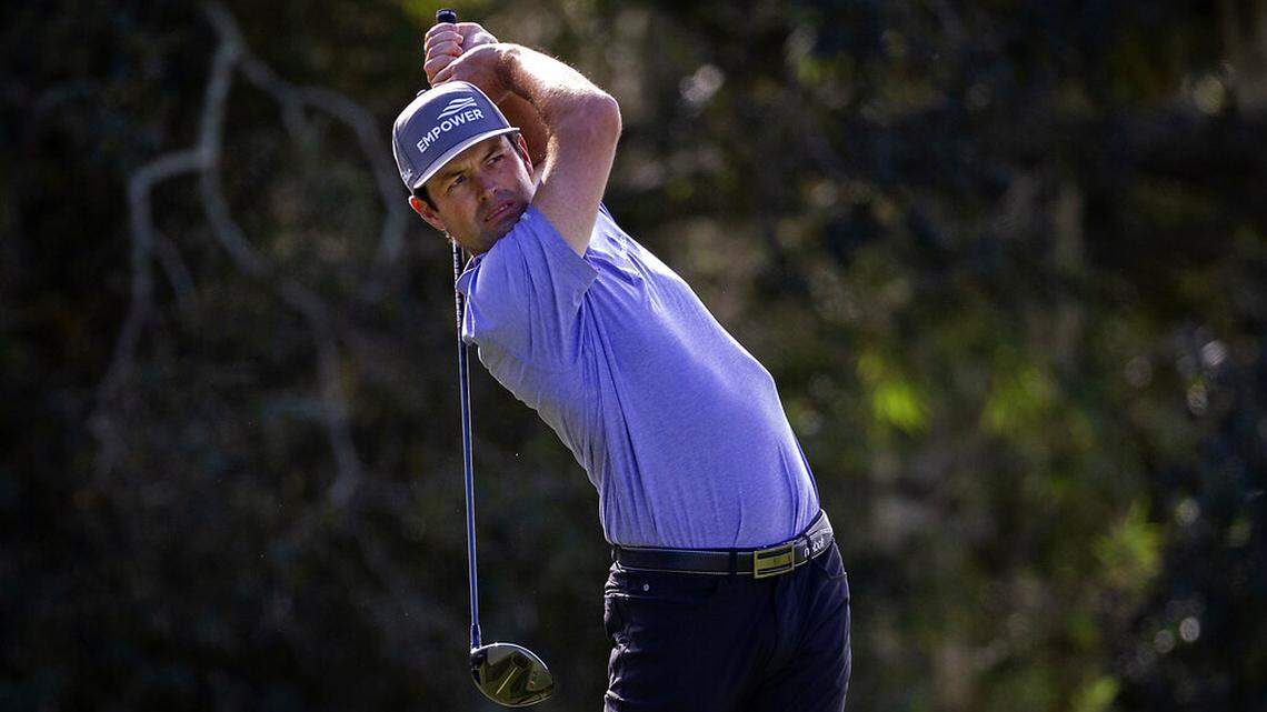 Robert Streb drives his ball off the second tee during final round of the RSM Classic golf tournament, Sunday, Nov. 22, 2020, in St. Simons Island, Ga. (AP Photo/Stephen B. Morton)