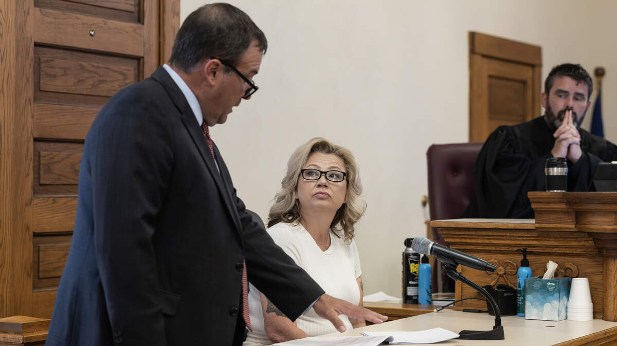 Kari Newell, the former owner of a restaurant and coffee shop in Marion, is questioned by Sedgwick County District Attorney Marc Bennett about how former Marion police chief Gideon Cody instructed her to delete text messages between them. Cody oversaw a raid on the Marion County Record newspaper and two homes in August 2023 over a false allegation that the paper illegally obtained information about Newell’s driving record. Cody is charged with a felony in the case.