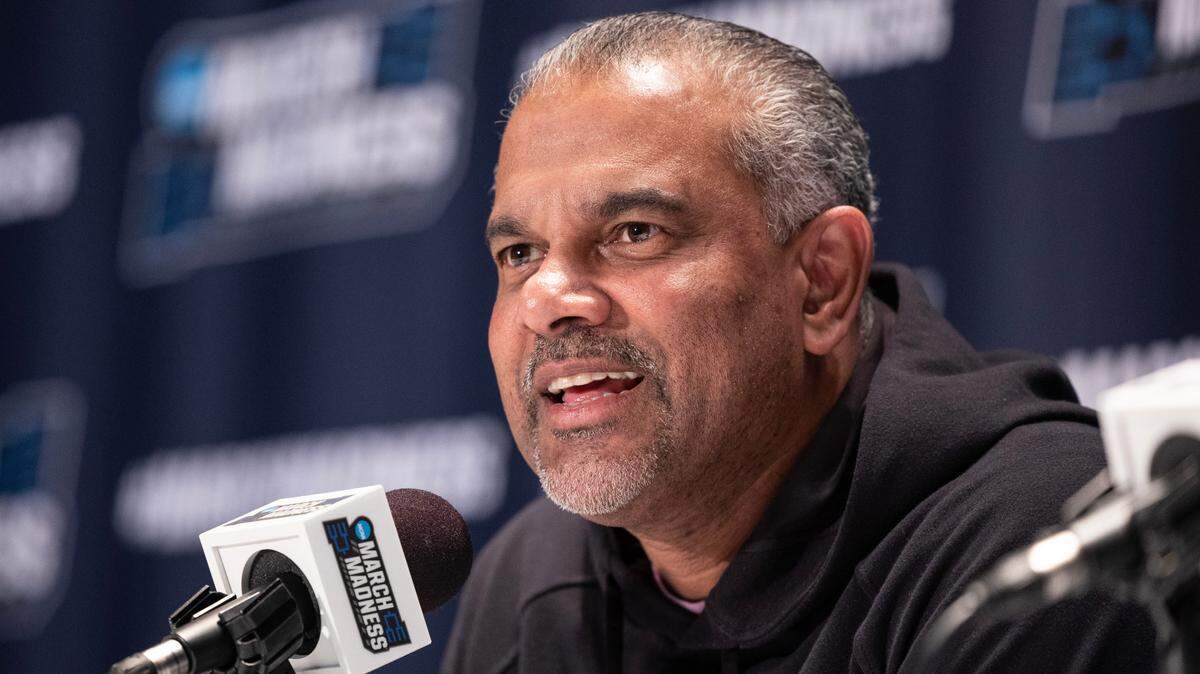 Kansas State head coach Jerome Tang answers media questions at the Greensboro Coliseum on Saturday.