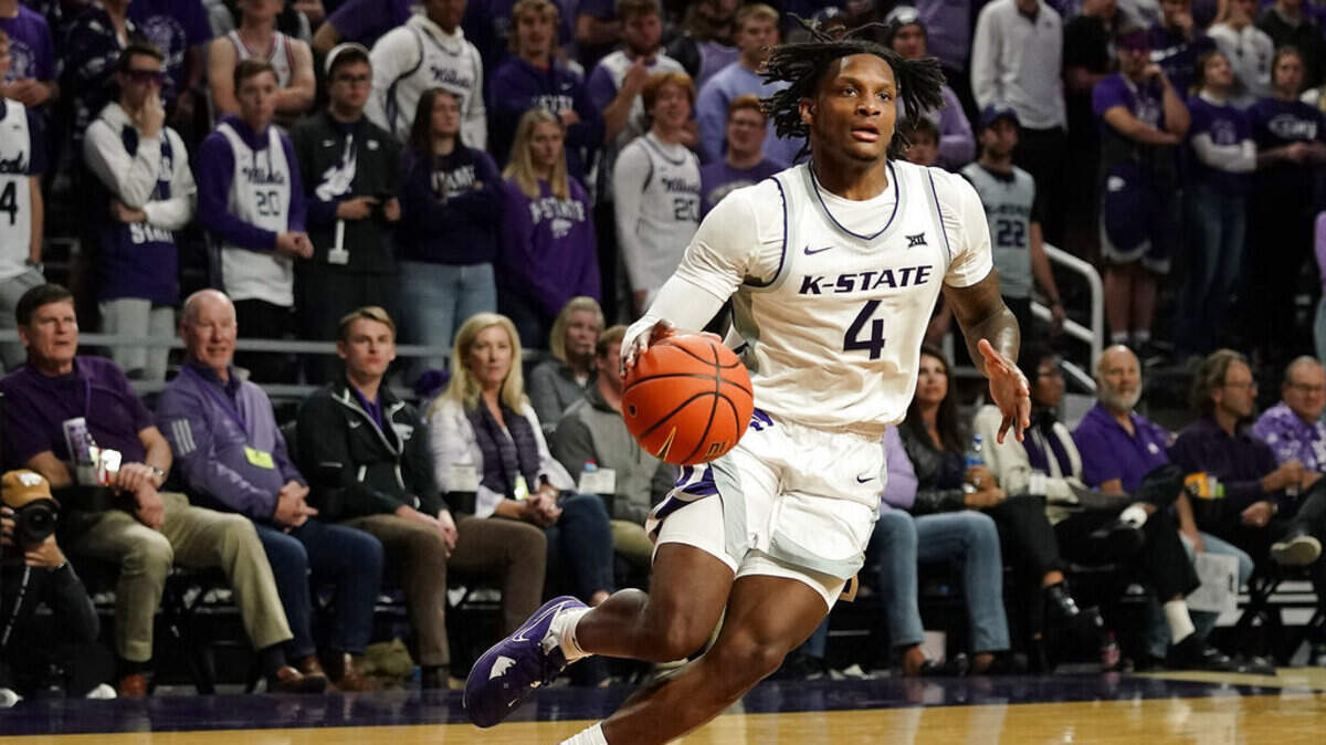 Kansas State guard Tykei Greene drives during the second half of an NCAA college basketball game against Texas-Rio Grande Valley Monday, Nov. 7, 2022, in Manhattan, Kan. (AP Photo/Charlie Riedel)