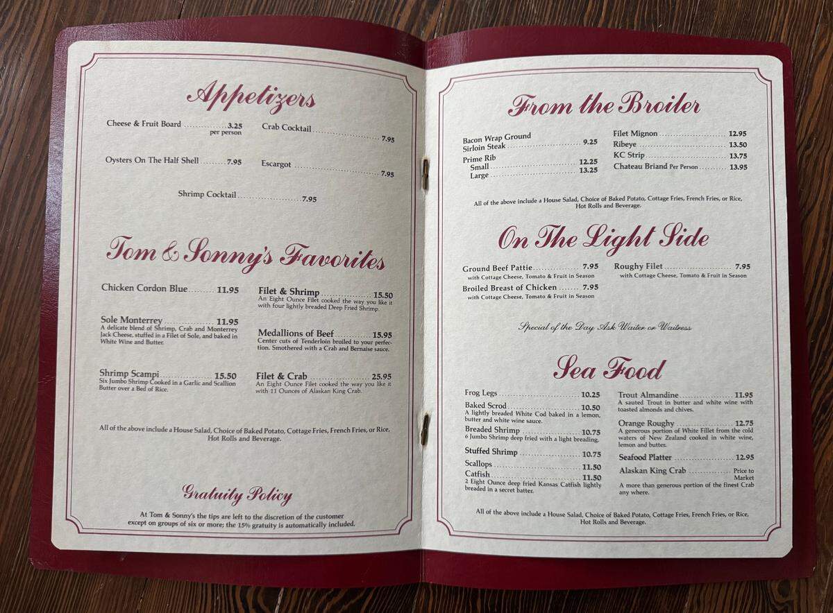 An old menu from Tom & Sonny’s