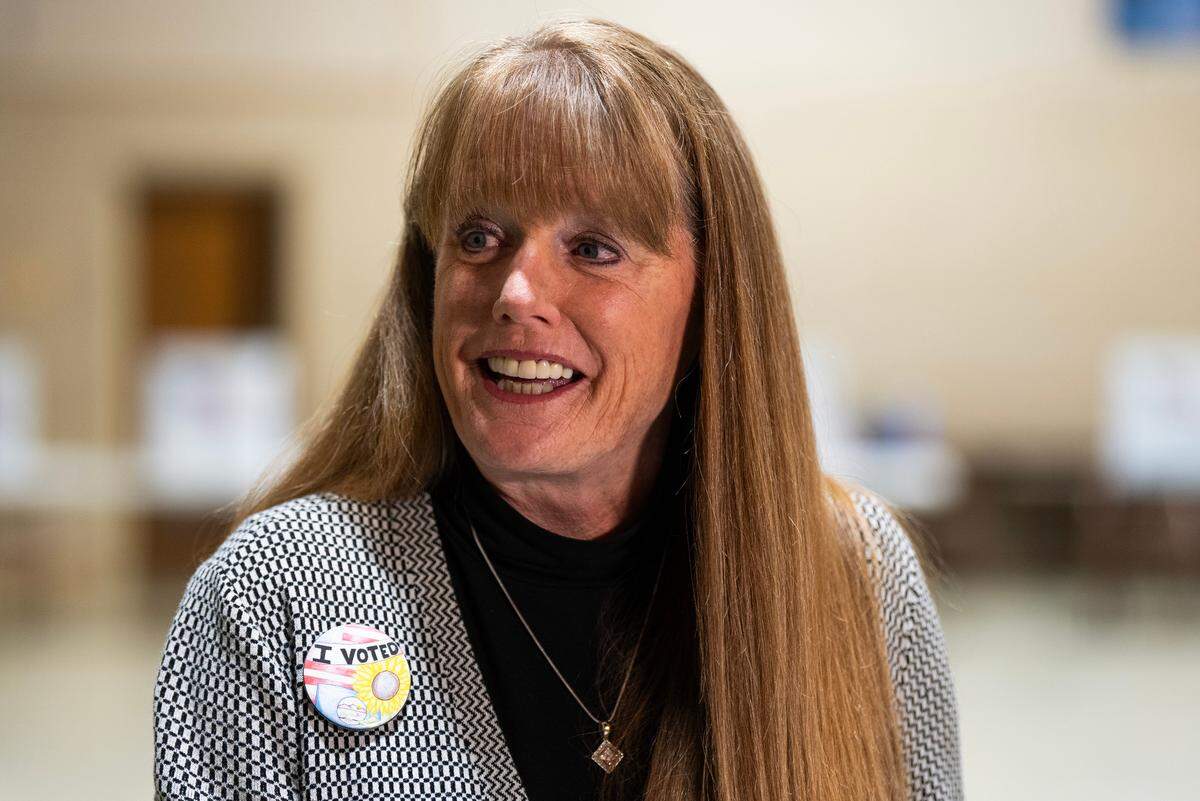 Sedgwick County Election Commissioner Laura Rainwater speaks at a 6:30 a.m. press conference at Woodland United Methodist Church. Rainwater said there had been almost 97,000 early in-person votes already cast.