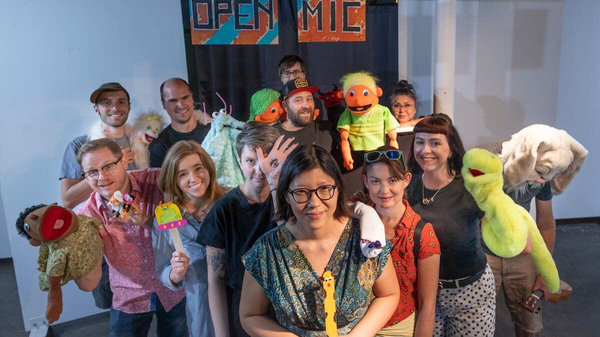 The attendees for the first Puppet Open Mic Night at Harvester Arts on Tuesday night.