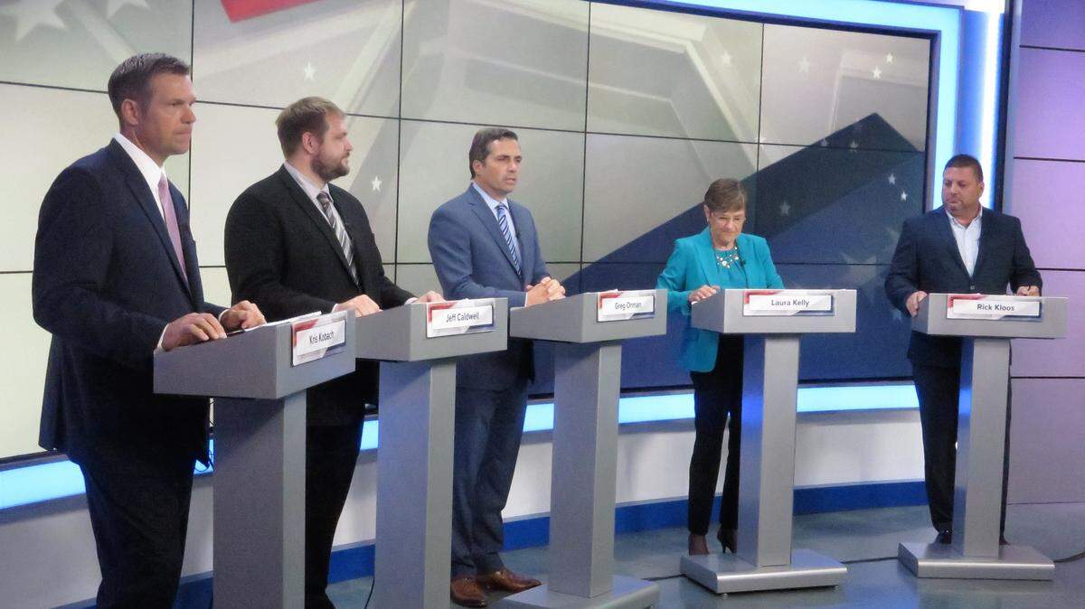Republican Kris Kobach, Libertarian Jeff Caldwell, independent Greg Orman, Democrat Laura Kelly and independent Rick Kloos debated in a forum for governor candidates at KWCH-TV on in Wichita on Tuesday night.