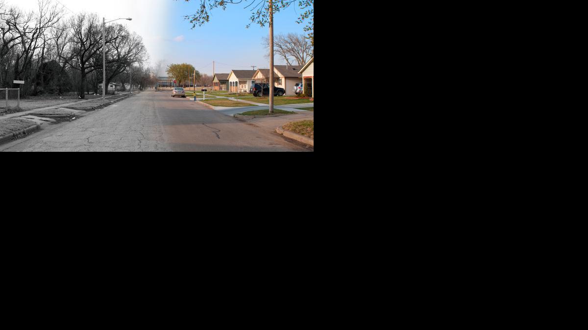 Habitat for Humanity is using this photo illustration to demonstrate its intentions of transforming decaying neighborhoods with the building of new Habitat houses.

